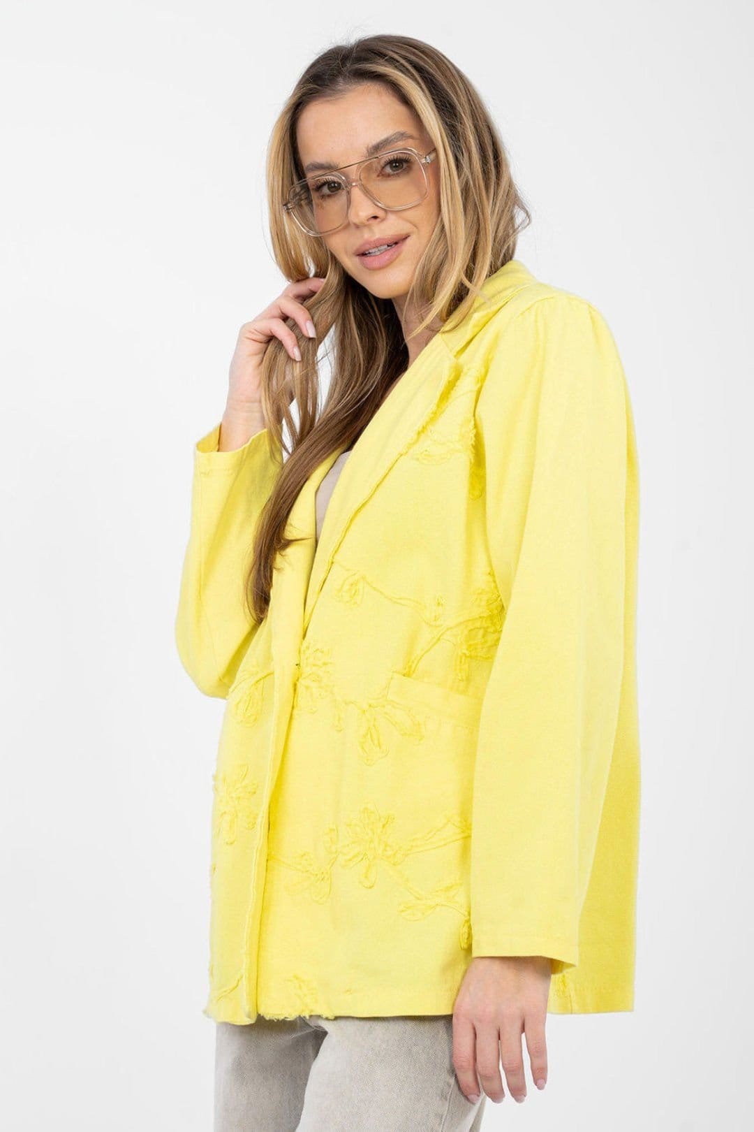 Love Lace Love Lace Women's Embroidered Denim Casual Blazer with Pockets in Yellow - 4
