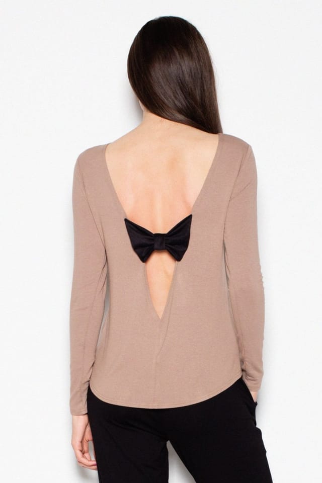 Love Lace Love Lace Women's V Cutout Back Suede Bow Blouse in Beige - 2