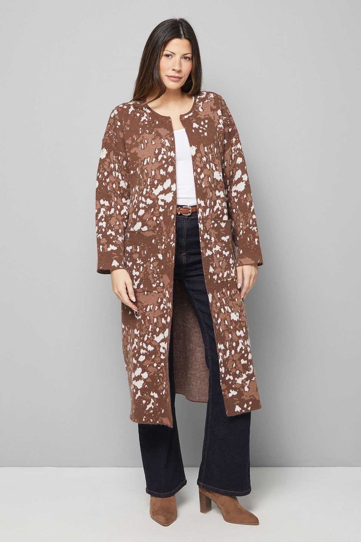 Wallis Wallis Women's Animal Jacquard Collarless Cardigan in Brown