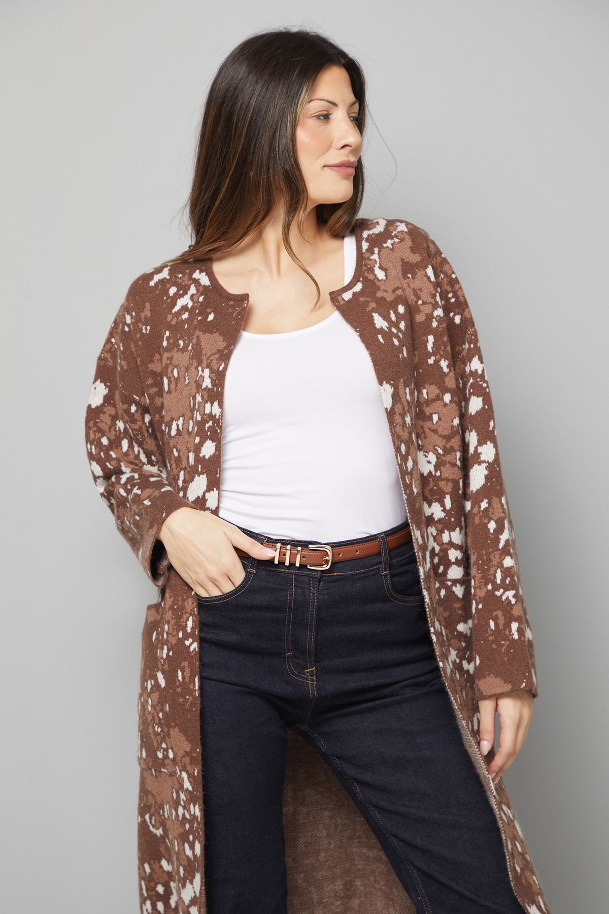 Wallis Wallis Women's Animal Jacquard Collarless Cardigan in Brown - 4