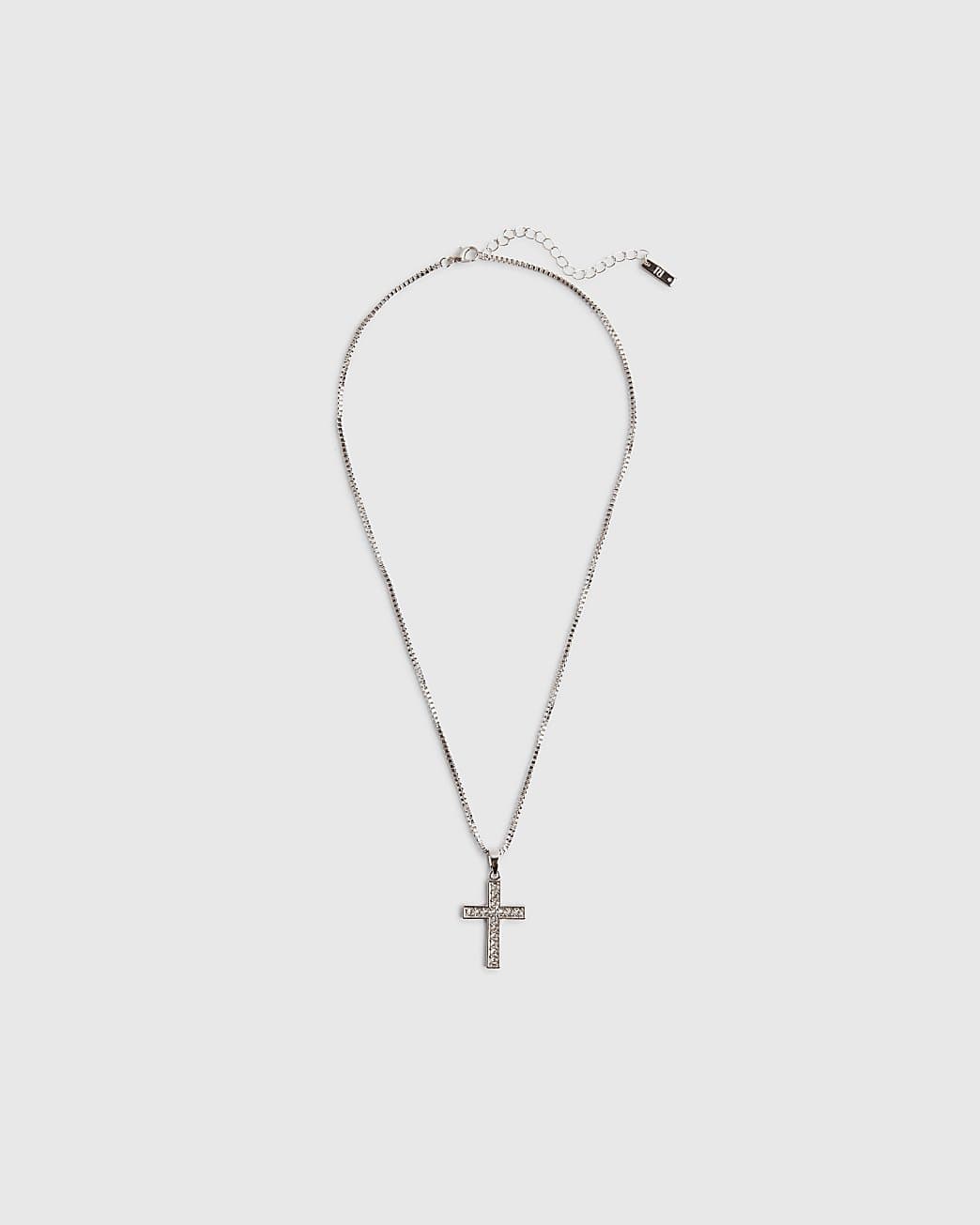 River Island Mens River Island Silver Diamond Simulant Cross Necklace