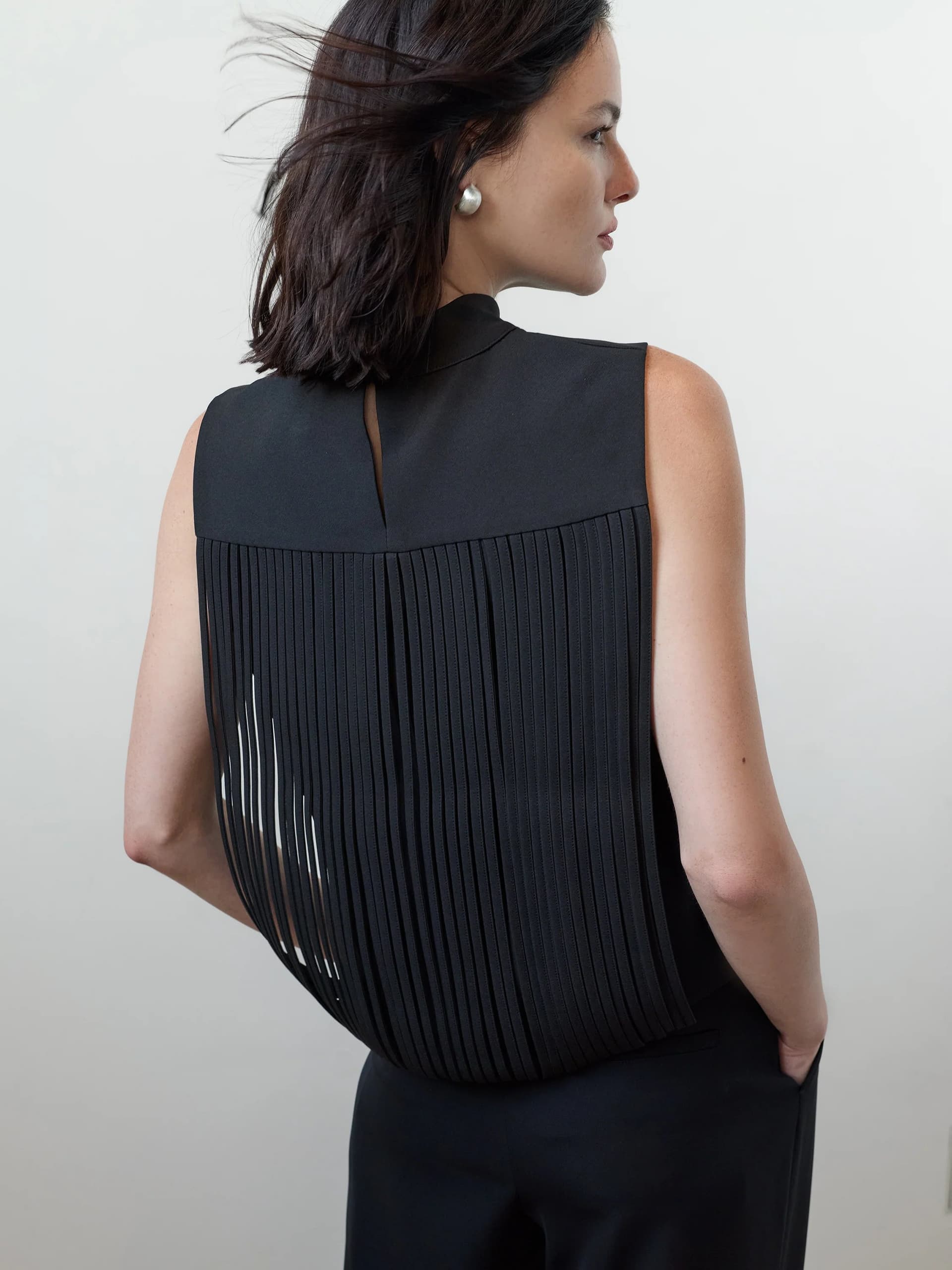 French Connection Miles Black Fringe Back Sleeveless Top Black