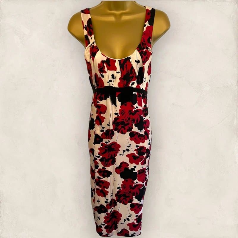 LK Bennett LK Bennett Womens Cream Black Red Silk Floral Dress Reversible Velvet Wrap UK 16