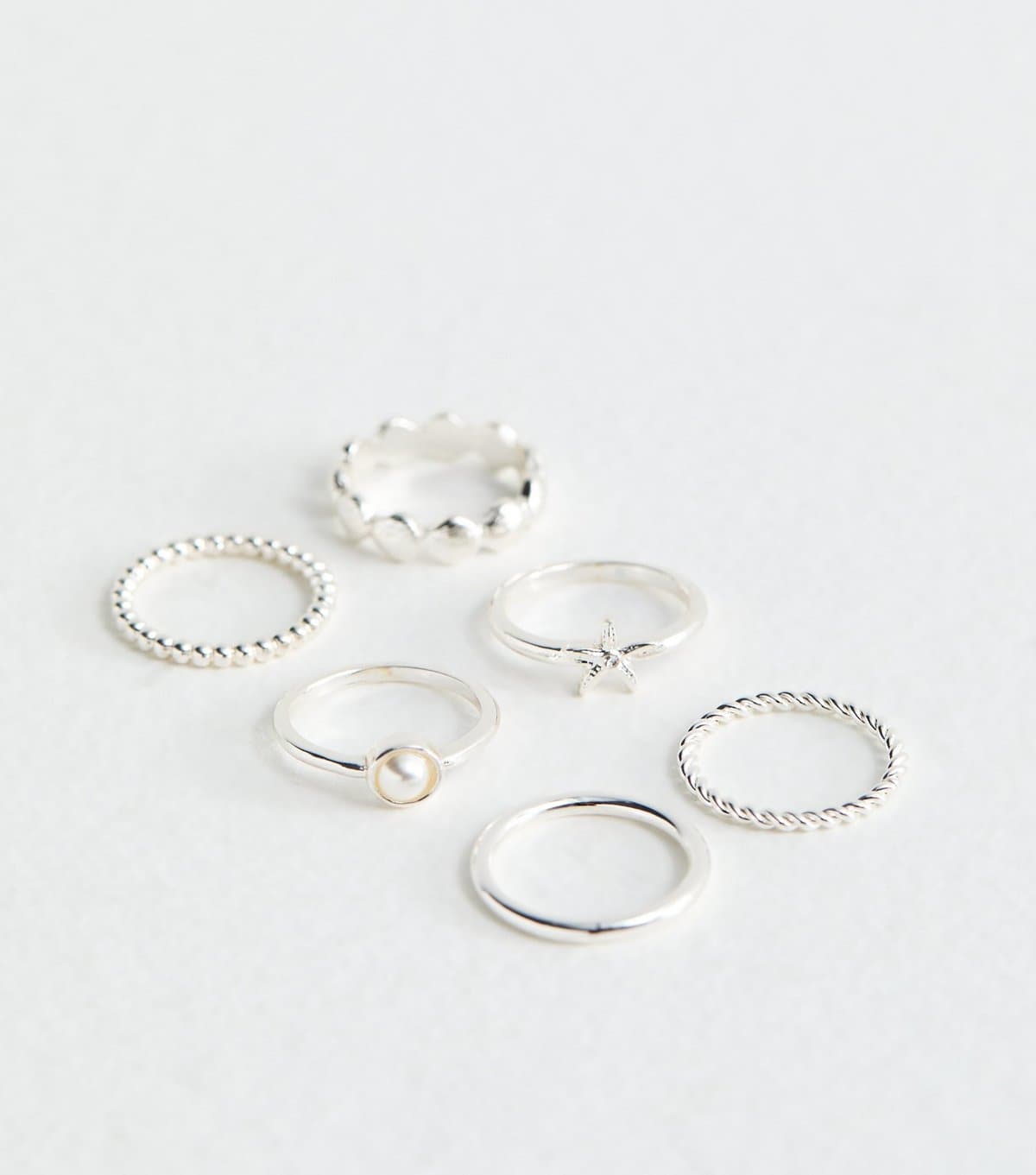 New Look Pack of 6 Silver Tone Pearl and Starfish Sleek Rings New Look
