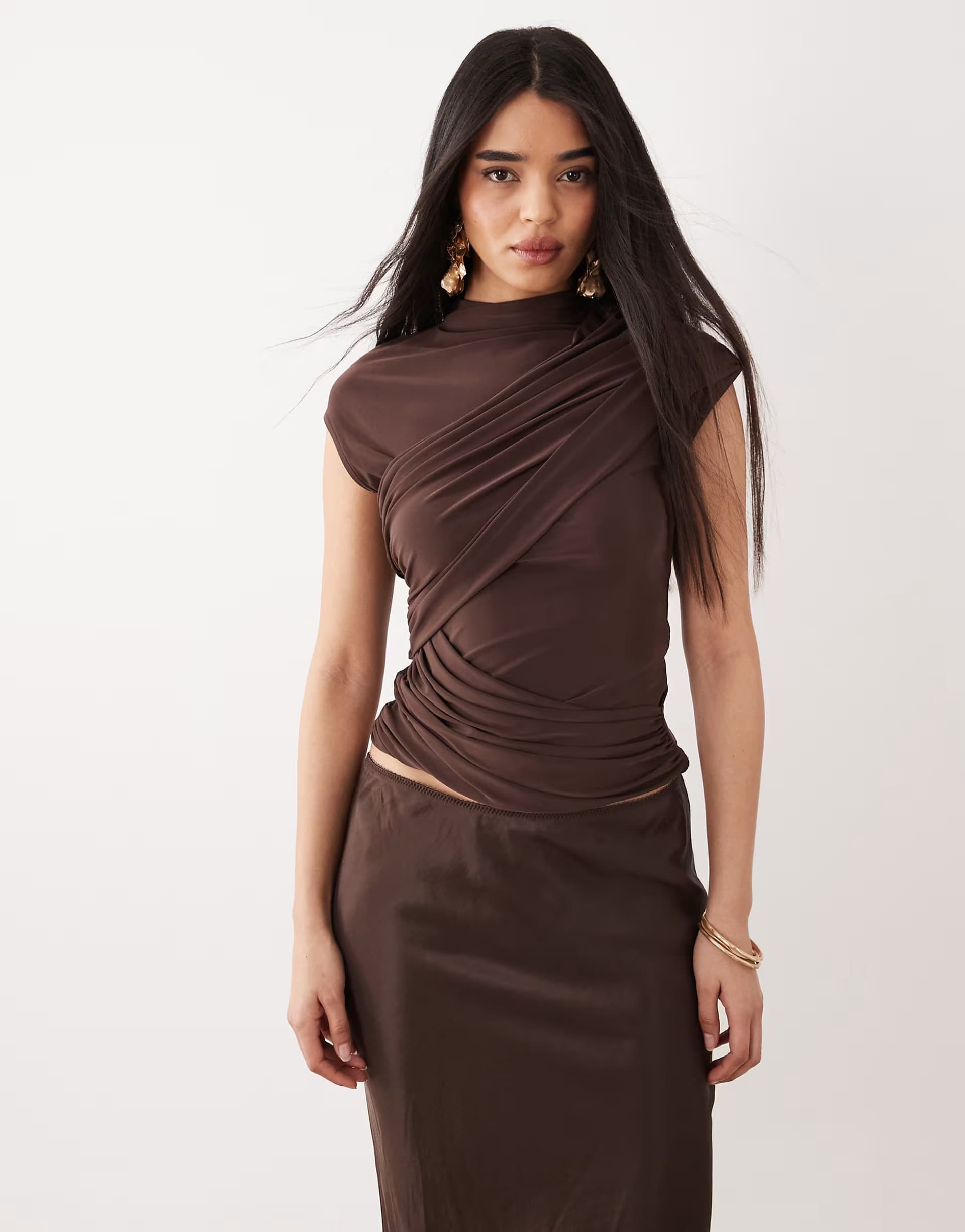 ASOS ASOS DESIGN slinky ruched drape detail top in brown