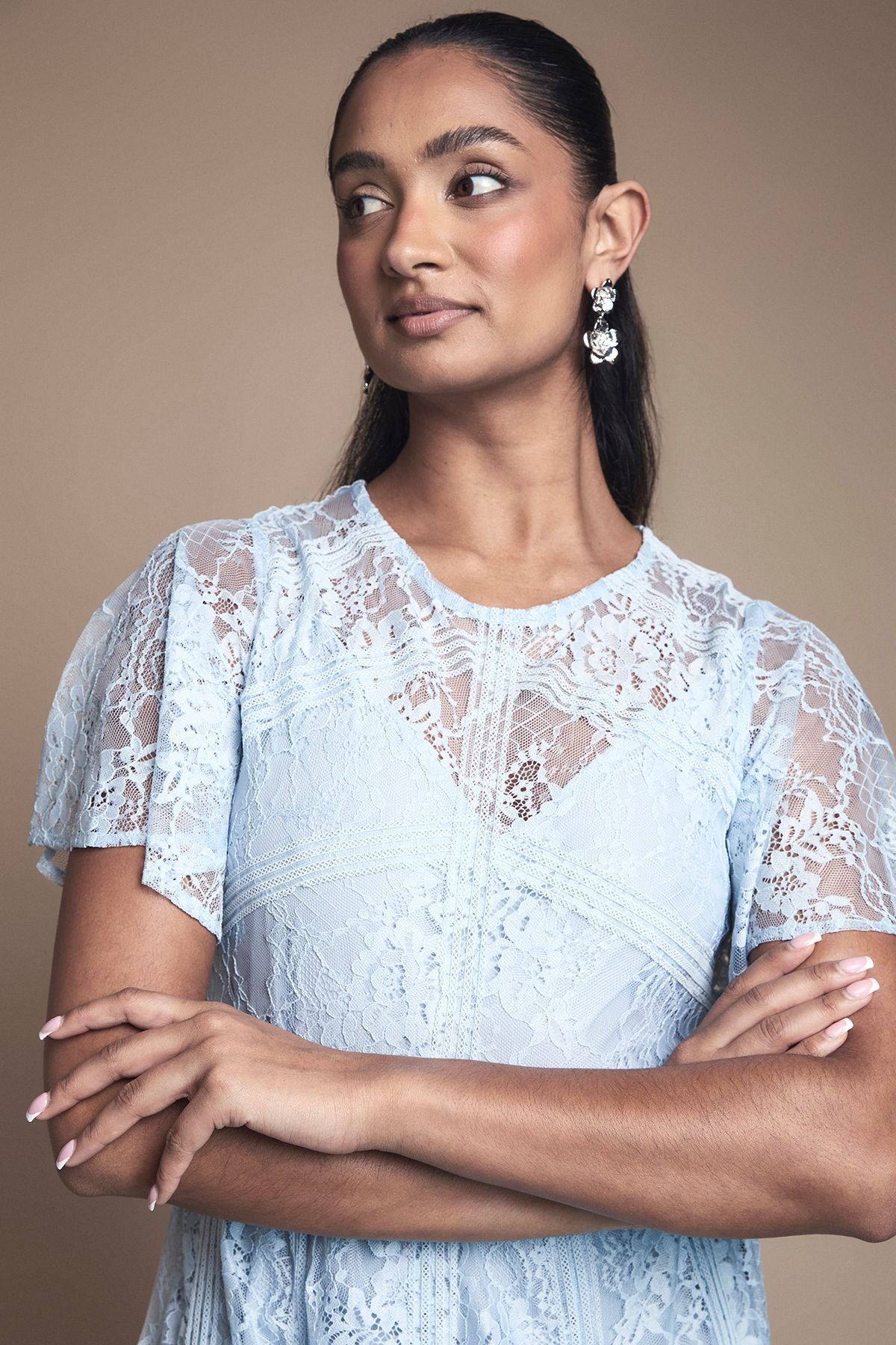 Oasis Oasis Women's Angel Sleeve Lace Bridesmaid Dress in Light Blue - 4