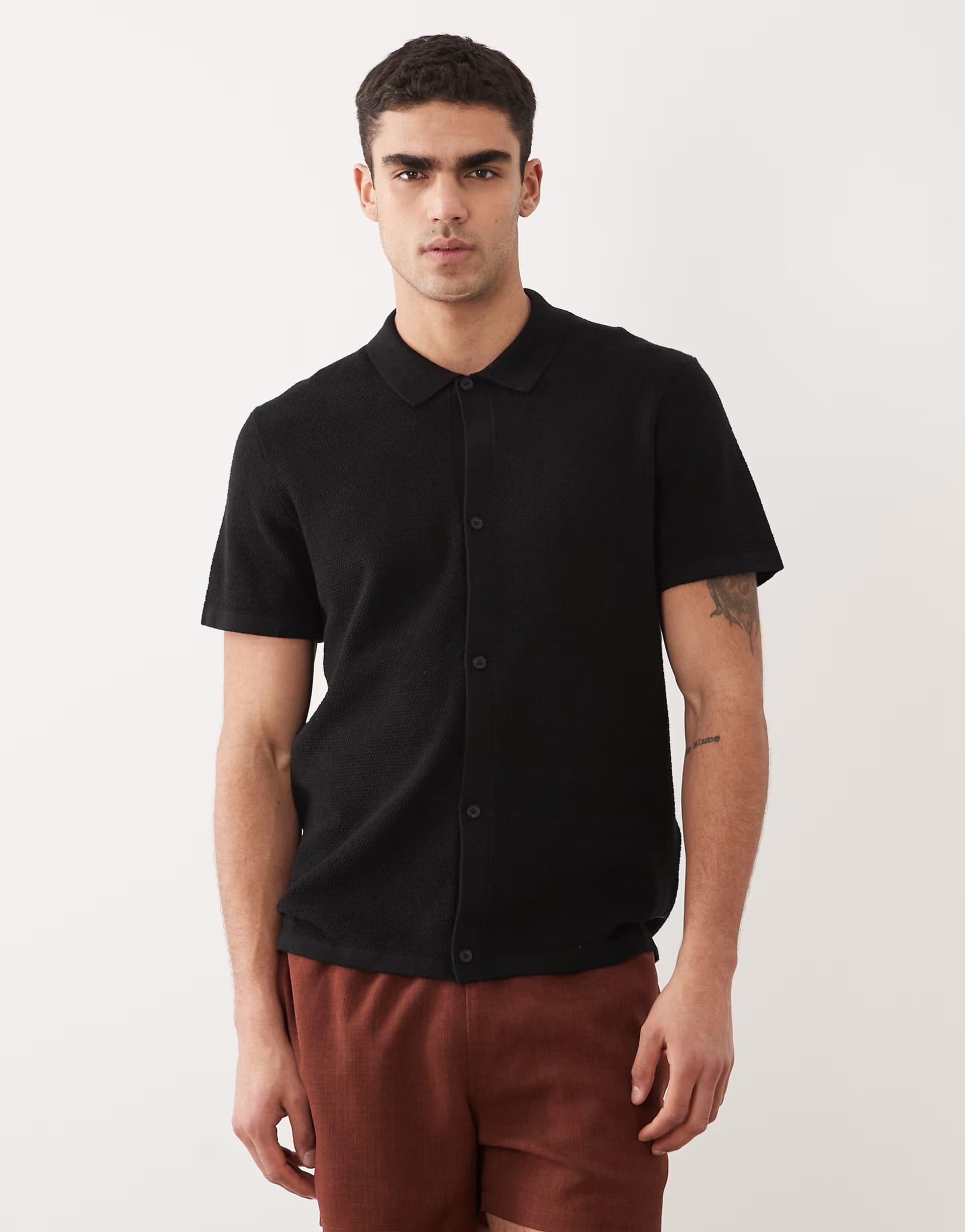 ASOS Jack & Jones knitted shirt with short sleeves in black