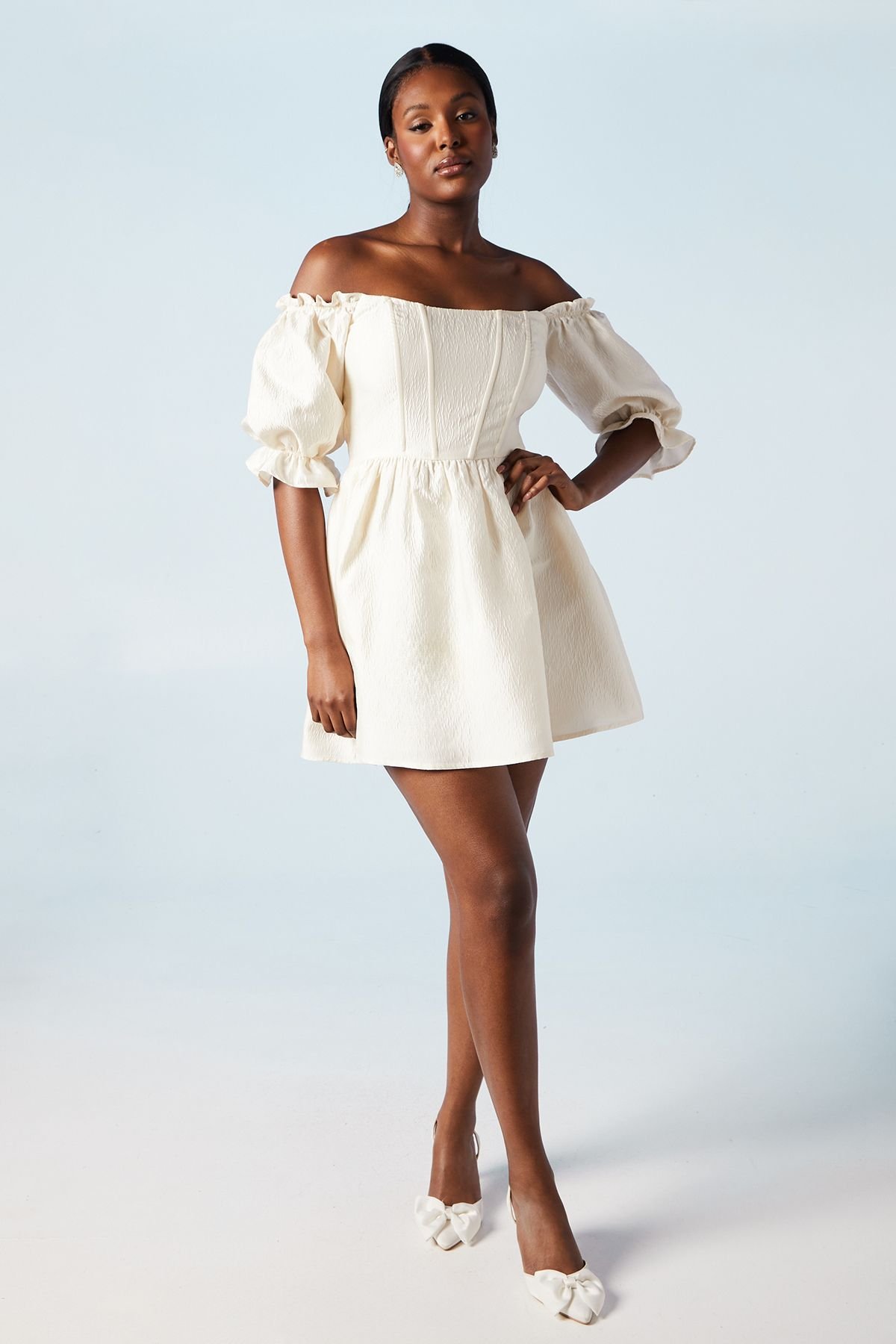 Oasis Oasis Women's Off The Shoulder Puff Sleeve Jacquard Bridal Mini Dress in Ivory - 2