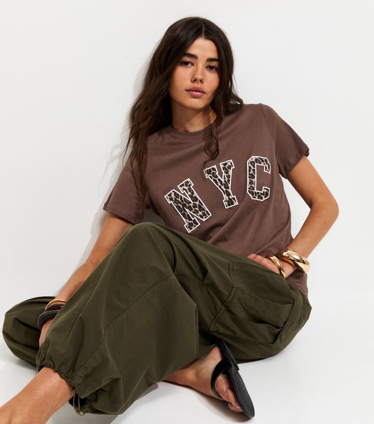 New Look Women's Dark Brown Cotton Leopard Print NYC Logo T-Shirt New Look