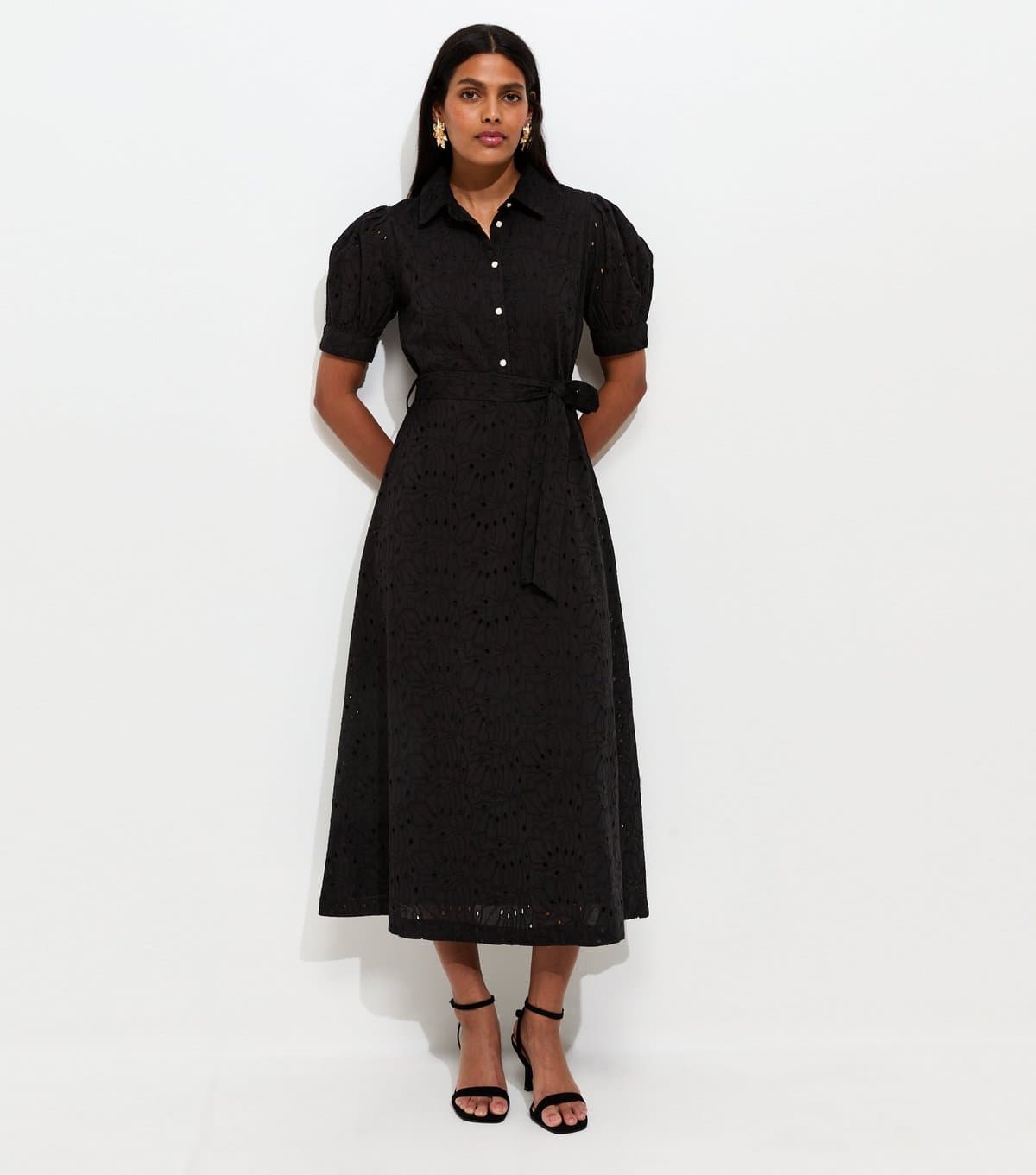 New Look Women's Black Broderie Shirt Midi Dress New Look