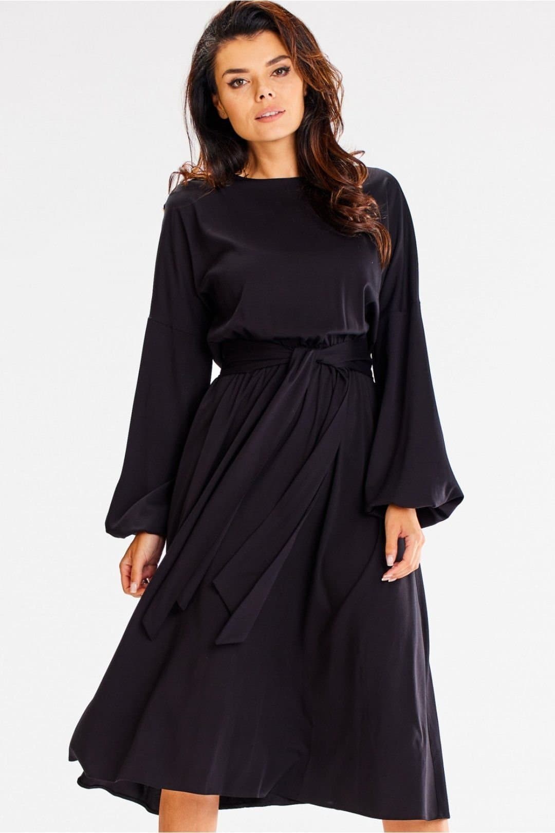 Love Lace Love Lace Black Satin Flared Long Sleeve Dress with Sash