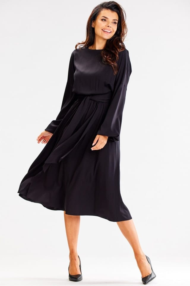 Love Lace Love Lace Women's Long Sleeve Loose Flared Day Dress with Sash in Black - 2