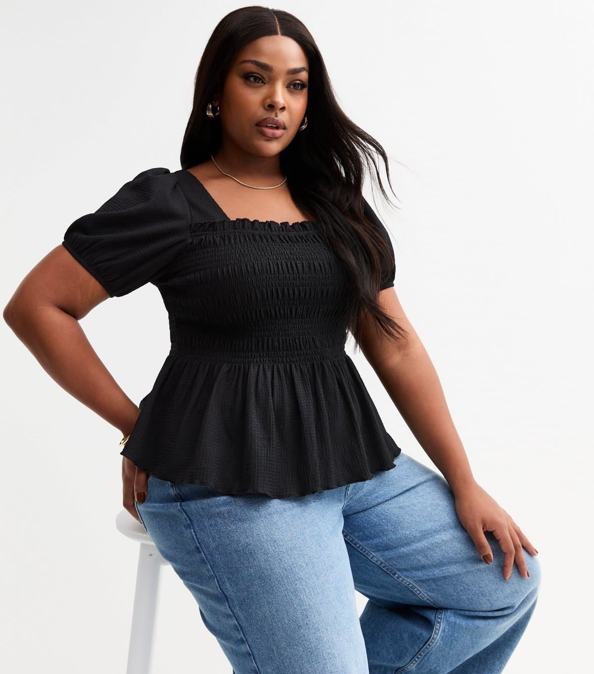 New Look Women's Plus Size Black Crinkled Shirred Top Curves New Look