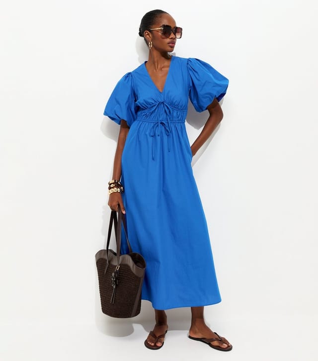 New Look Women's Bright Blue Cotton Puff Sleeve Midi Dress New Look - 2