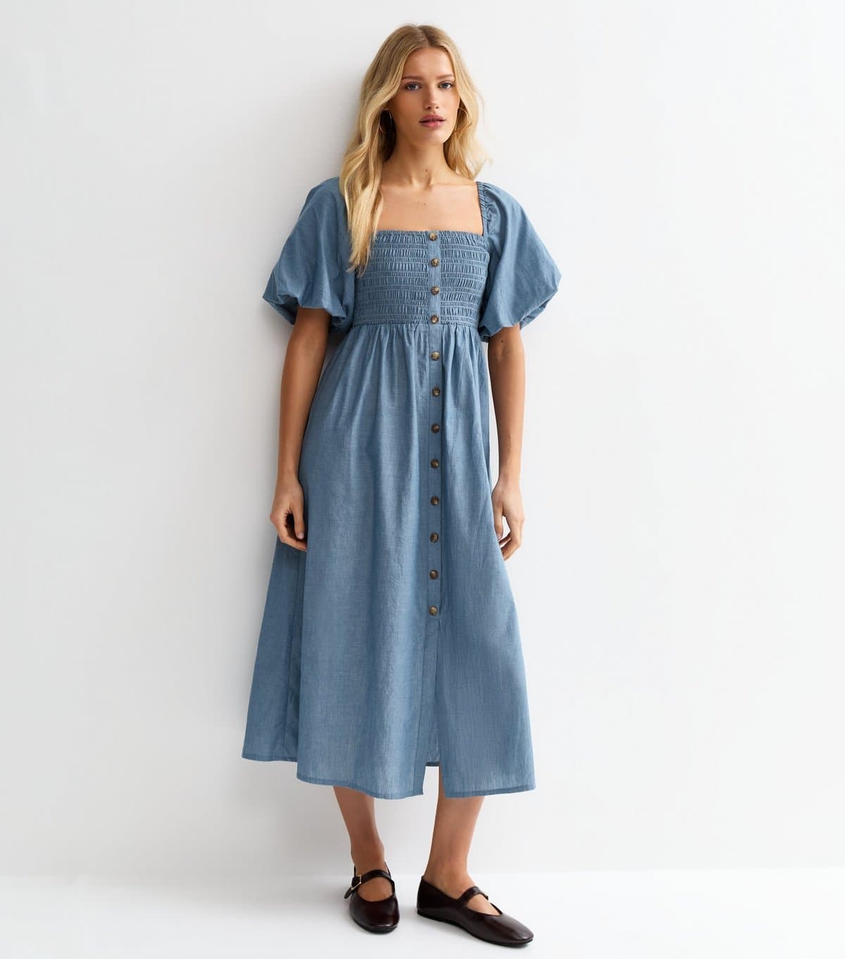 New Look Women's Light Blue Chambray Milkmaid Midi Dress New Look