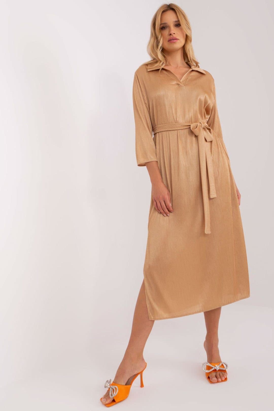 Love Lace Love Lace Women's Ribbed V Neck Tie Waist 3/4 Sleeve Dress in Camel