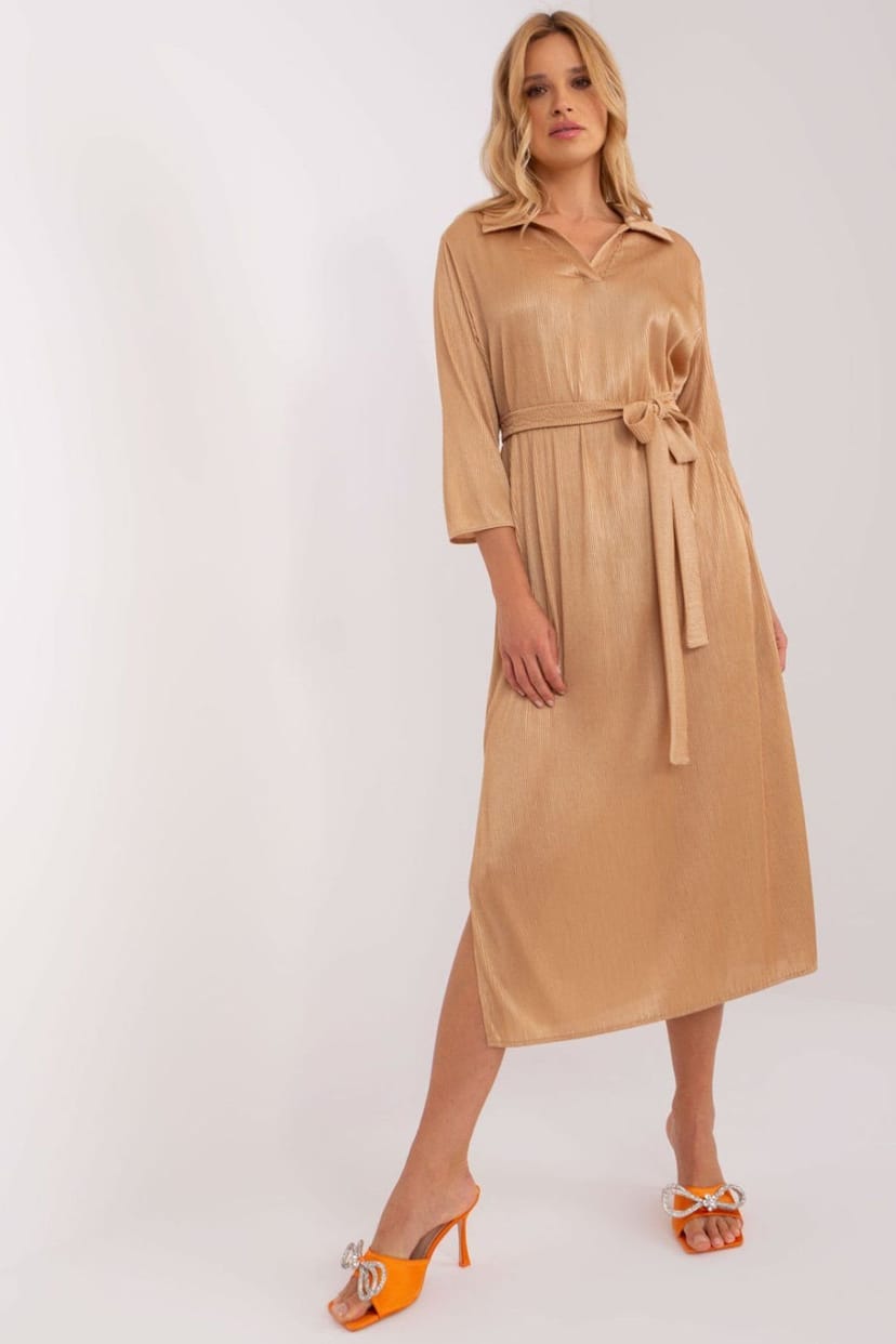 Love Lace Love Lace Women's Ribbed V Neck Tie Waist 3/4 Sleeve Dress in Camel - 1