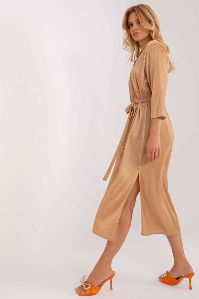 Love Lace Love Lace Women's Ribbed V Neck Tie Waist 3/4 Sleeve Dress in Camel - 3