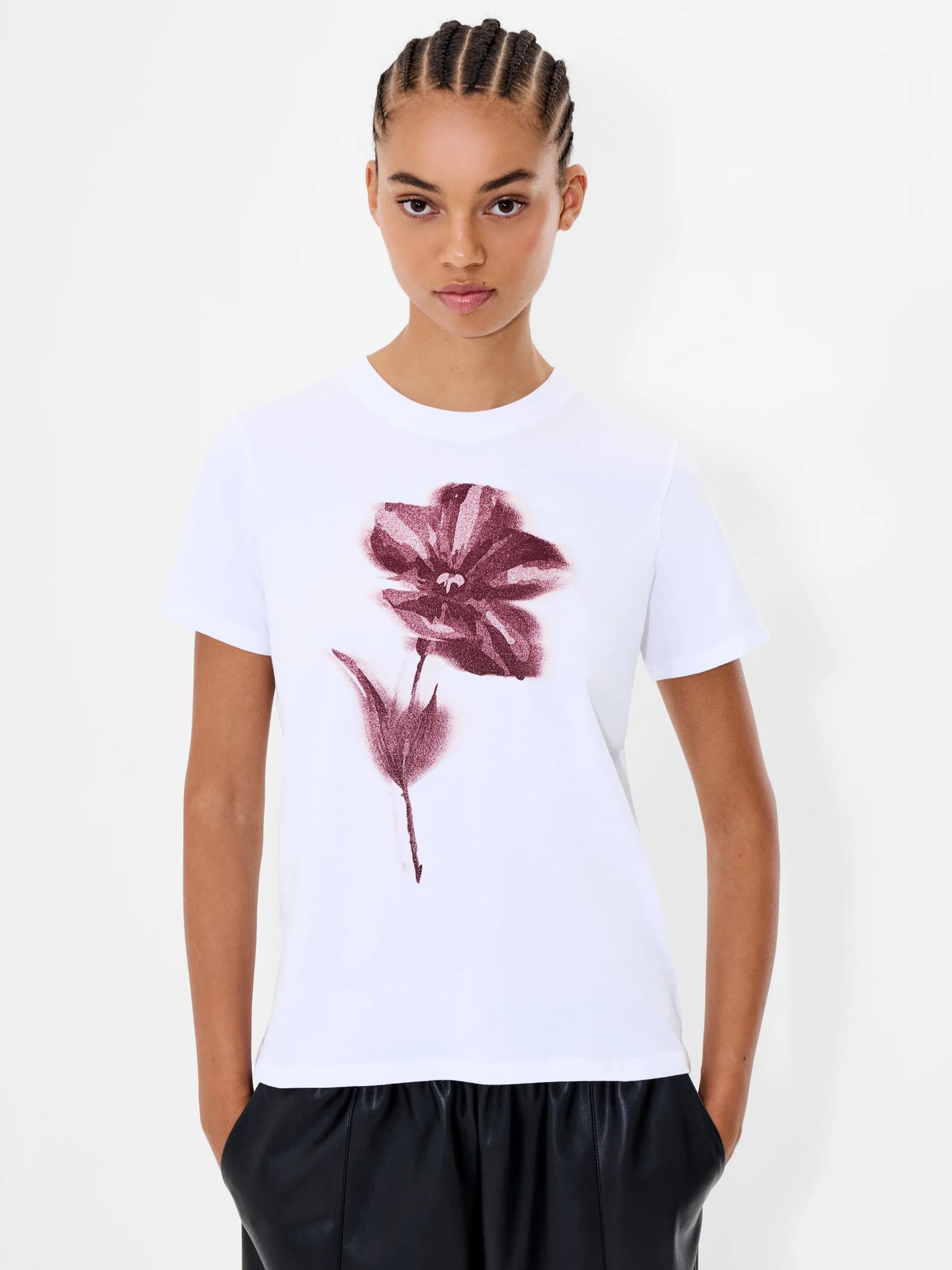 French Connection White Blurred Floral Short Sleeve T-Shirt White/Burgundy