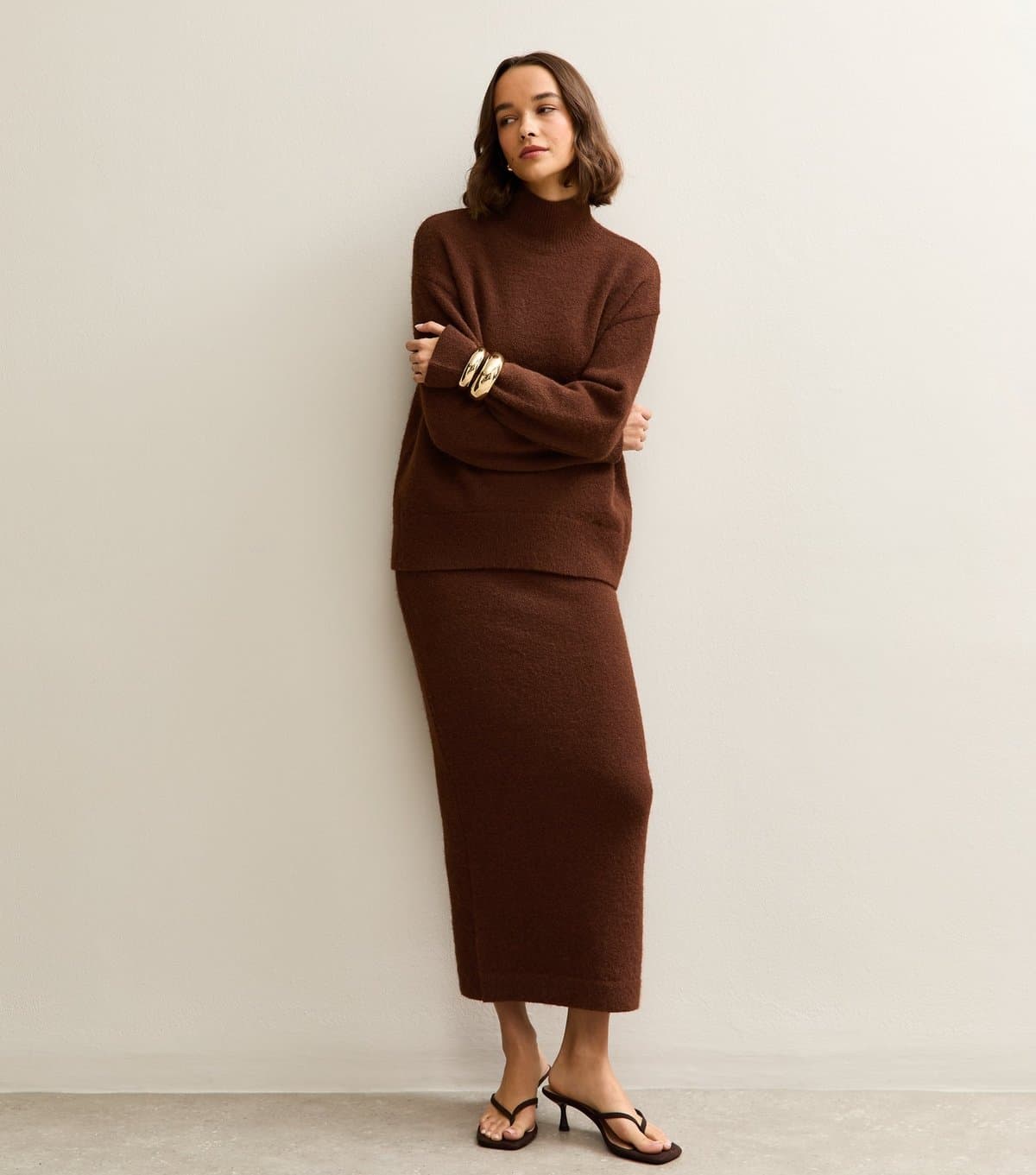 New Look Women's Dark Brown Brushed Knit Midi Skirt New Look