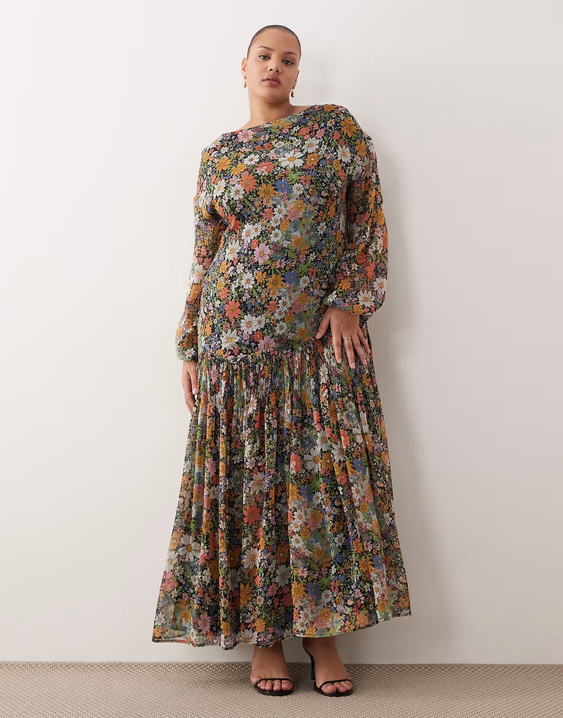 ASOS ASOS DESIGN Curve slash neck chiffon godet maxi dress in black based floral