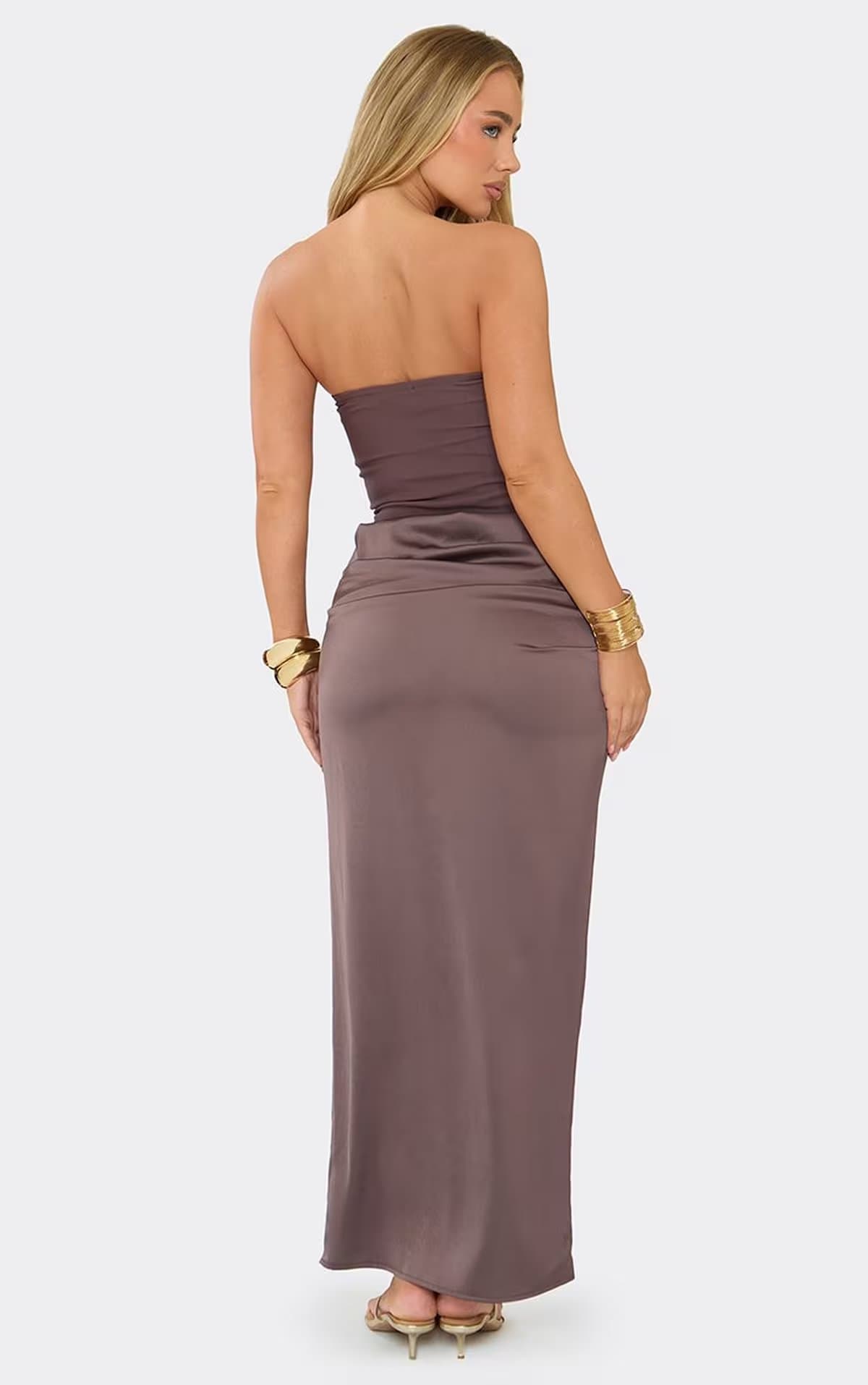 EGO Bandeau Contrast Drape Detail Corset Maxi Dress In Brown, Women's Size UK 6