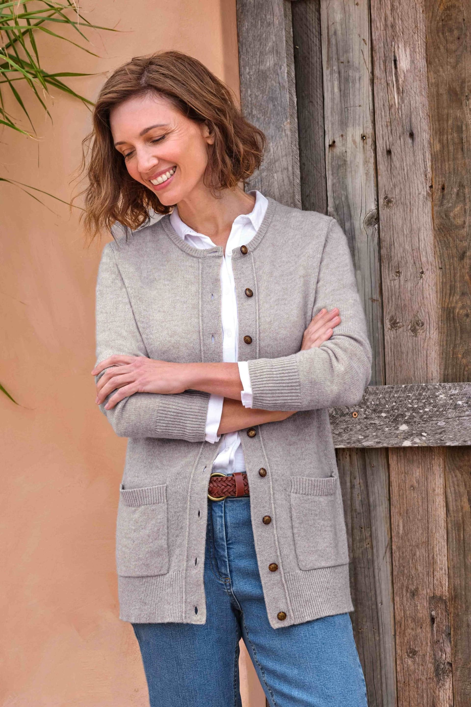 WoolOvers WoolOvers Women's Lambswool Crew Neck Cardigan in Light Grey