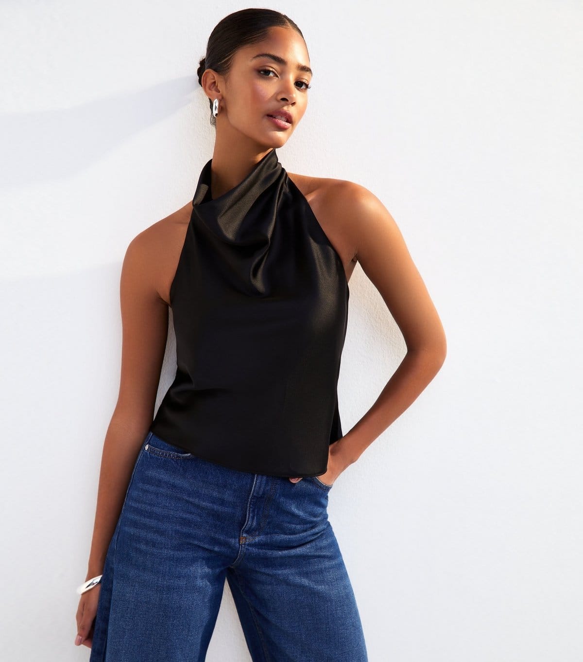 New Look Black Satin Halterneck Top