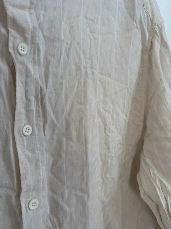 Bershka Men’s collarless grandad shirt beige with white stripe