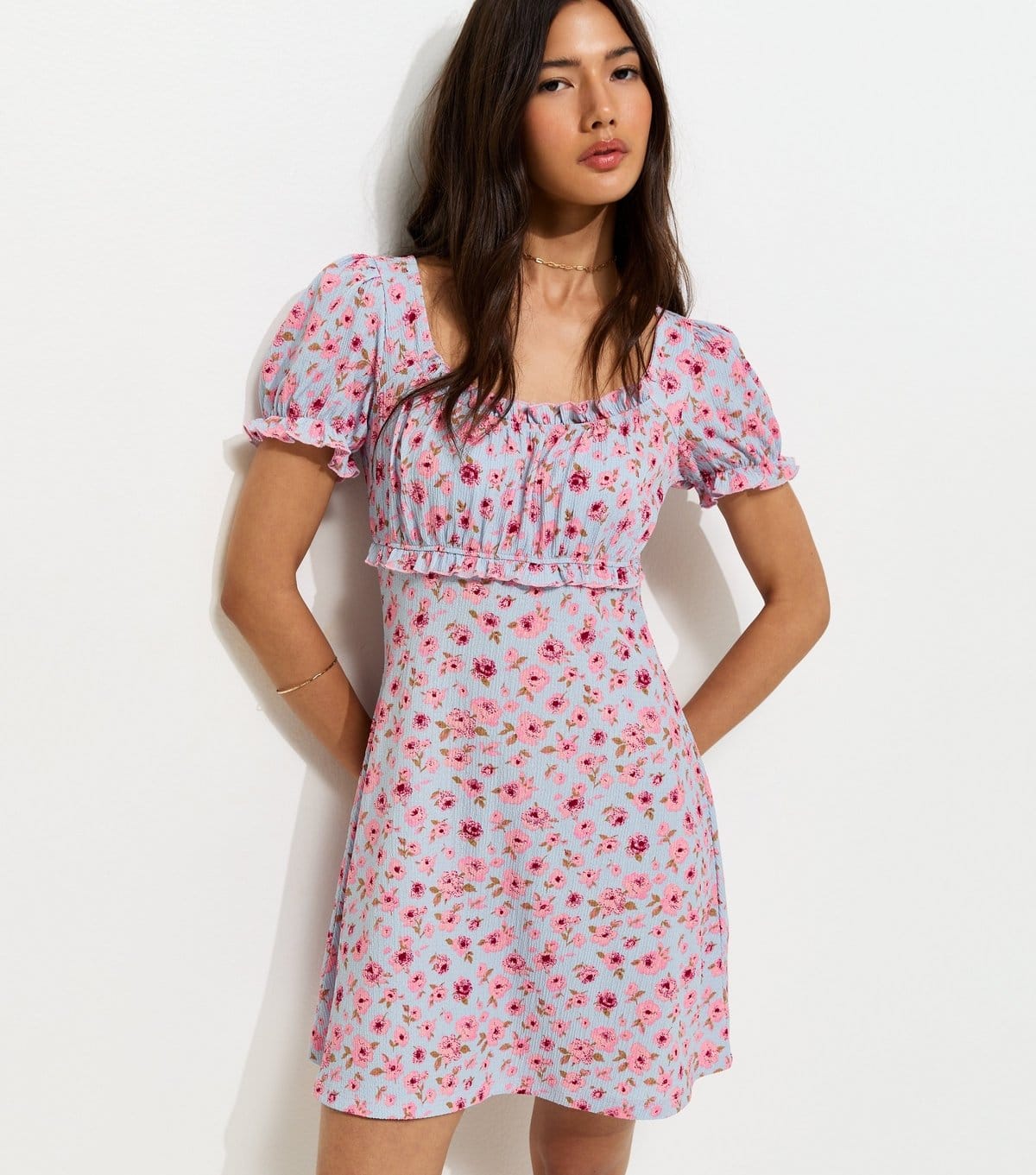 New Look Blue Floral Print Crinkle Texture Mini Dress
