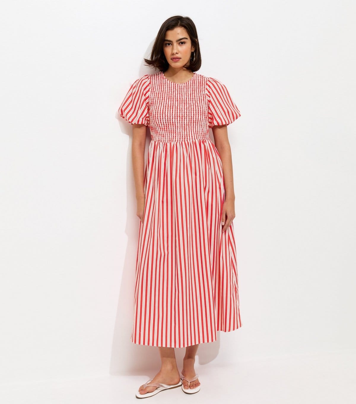 Women's Pink Striped Puff Sleeves Shirred Smock Midi Dress New Look