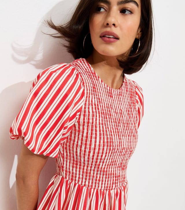 New Look Women's Pink Striped Puff Sleeves Shirred Smock Midi Dress New Look - 3