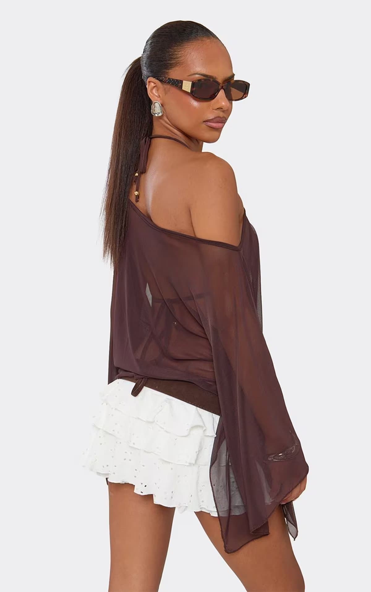EGO Off The Shoulder Top In Chocolate Brown Mesh, Women's Size UK 12