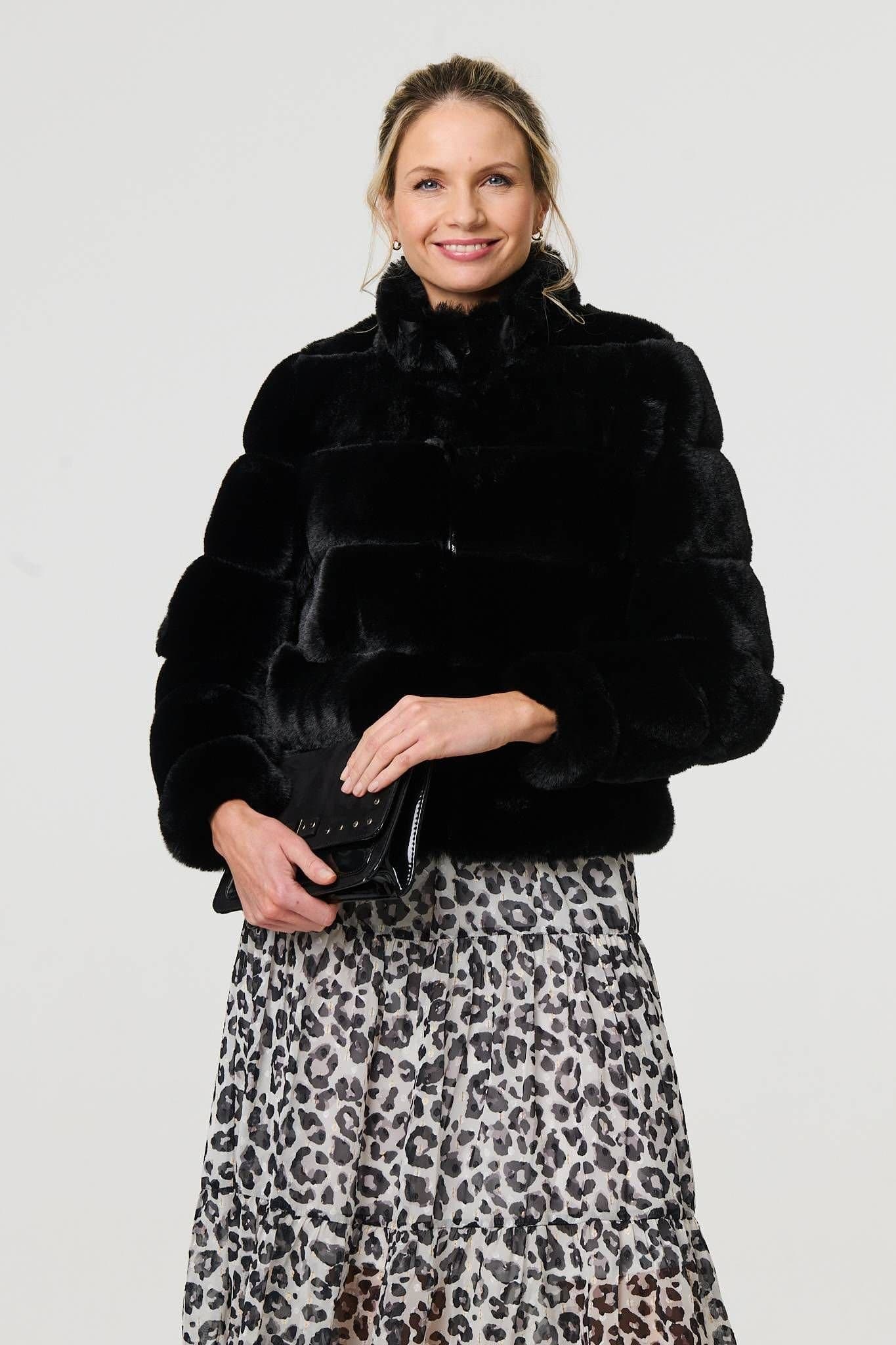 Izabel London Izabel London Women's Faux Fur High Neck Cropped Jacket in Black