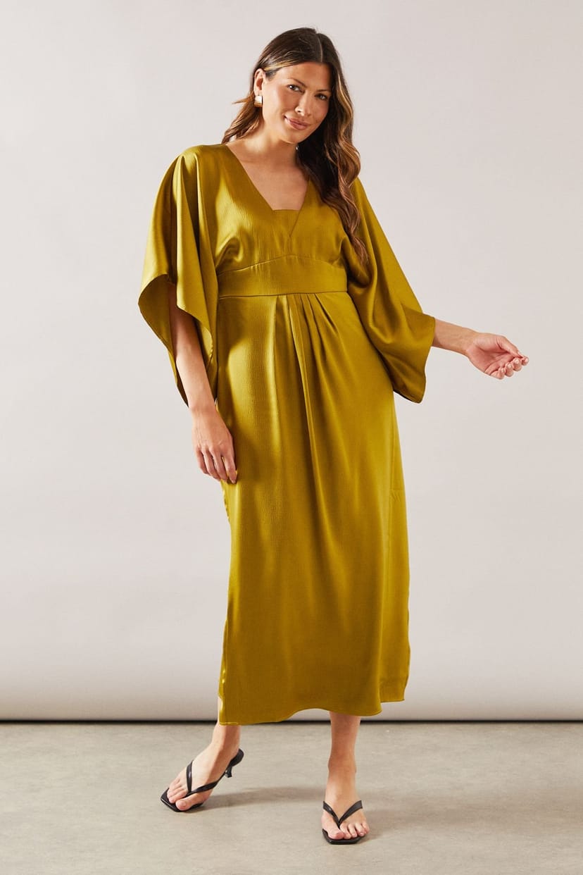 Wallis Wallis Women's Satin Cape Sleeve Midi Dress in Chartreuse - 1