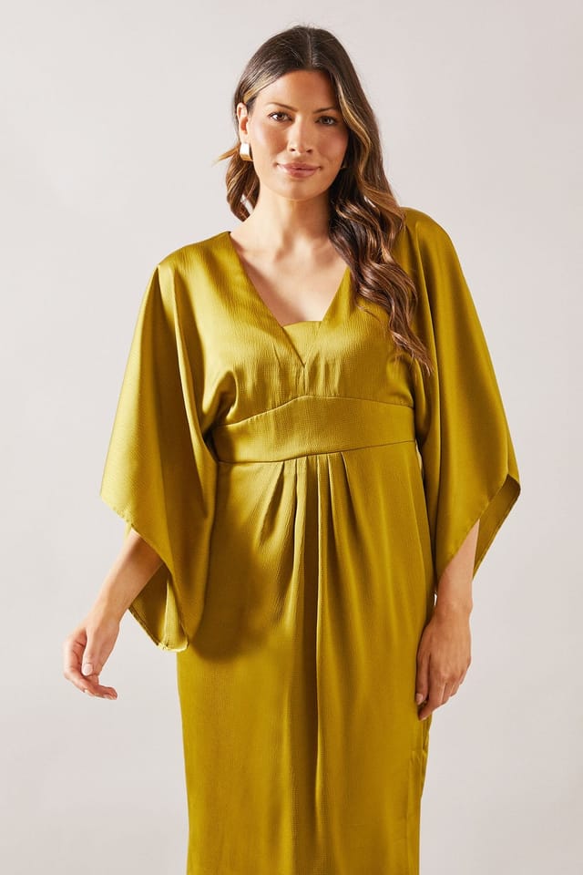 Wallis Wallis Women's Satin Cape Sleeve Midi Dress in Chartreuse - 2