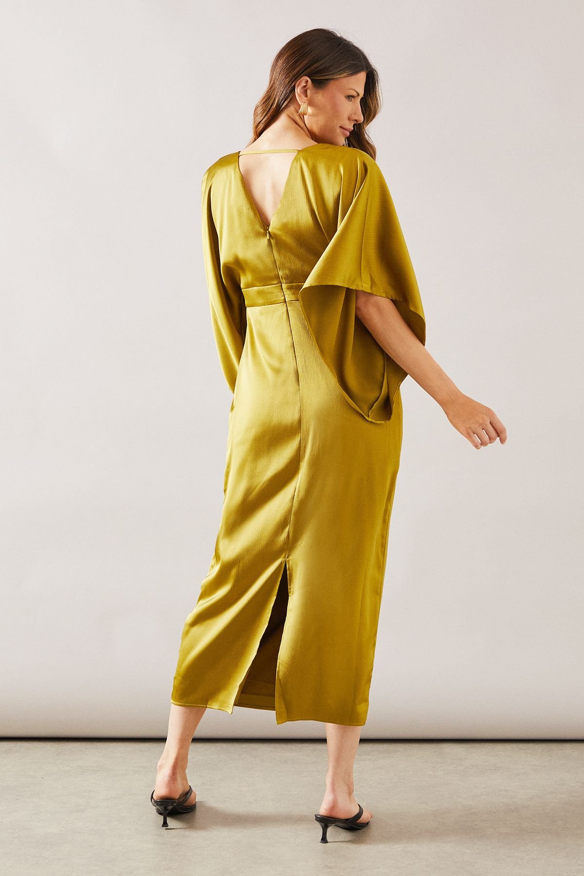 Wallis Wallis Women's Satin Cape Sleeve Midi Dress in Chartreuse - 4