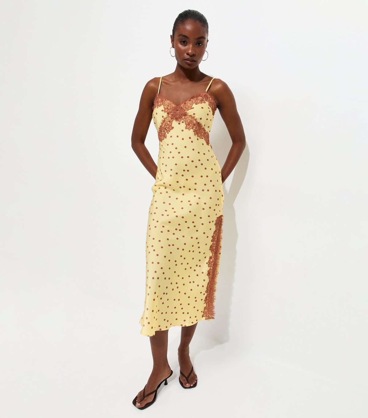 New Look Women's Yellow Lace Trim Polka Dot Cami Midi Dress New Look
