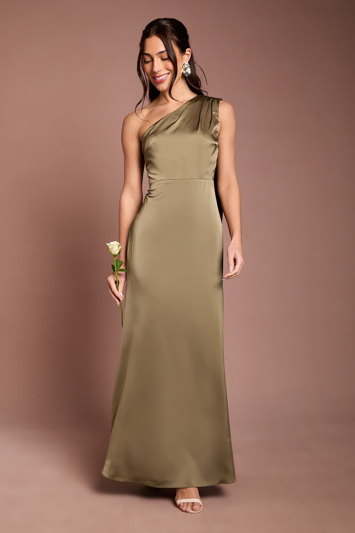 Coast Coast Women's Honoured Petite Drape One Shoulder Satin Maxi Bridesmaid Dress in Olive