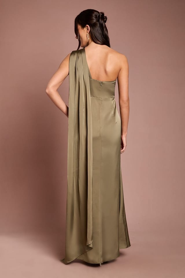 Coast Coast Women's Honoured Petite Drape One Shoulder Satin Maxi Bridesmaid Dress in Olive - 3