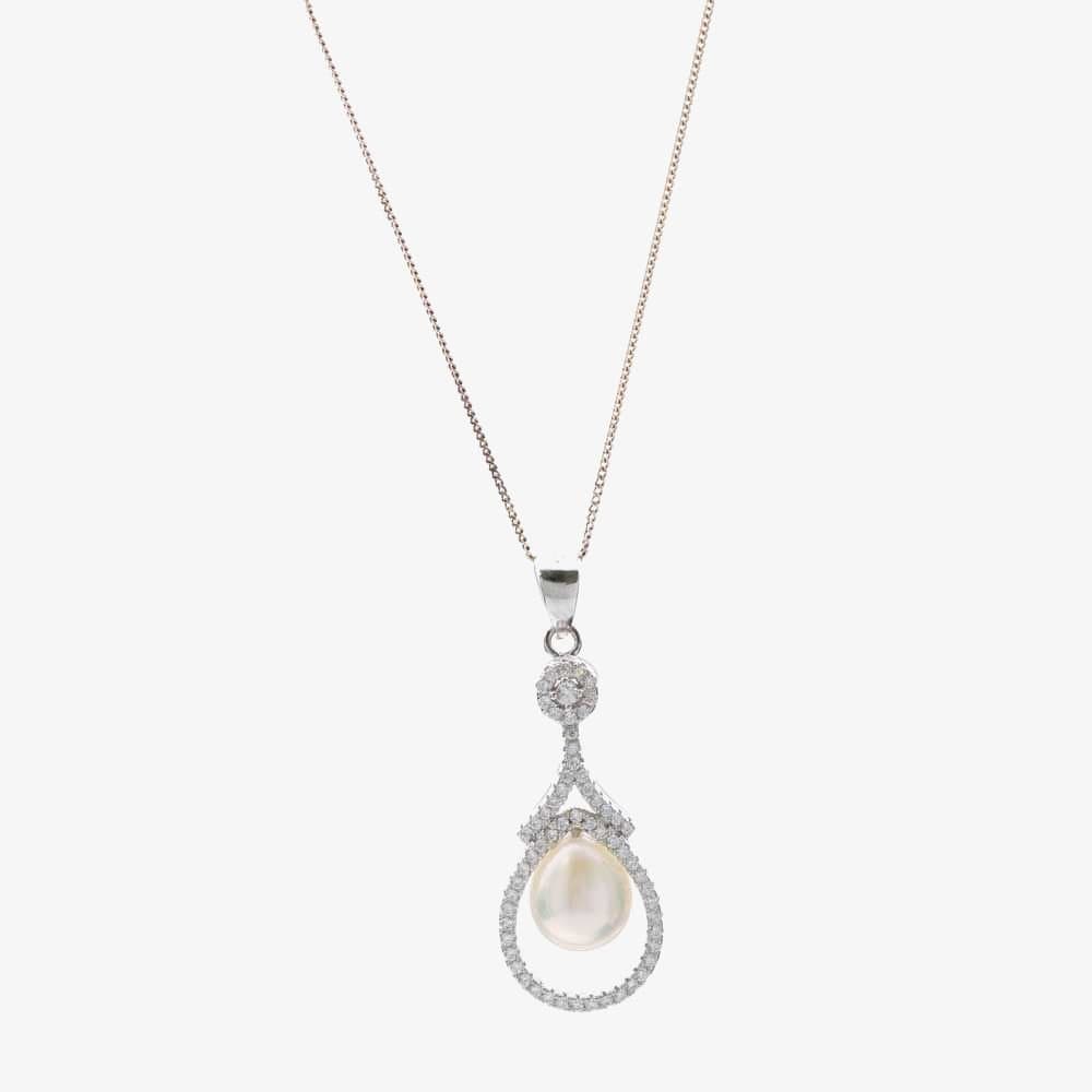 T.H.Baker T.H.Baker Women's Silver Freshwater Pearl & Cubic Zirconia Teardrop Pendant PNW70093FW in White