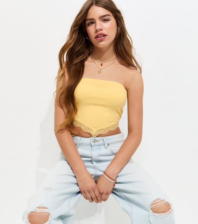 New Look Girls' Light Yellow Lace Trim Handkerchief Hem Bandeau Top New Look - 2