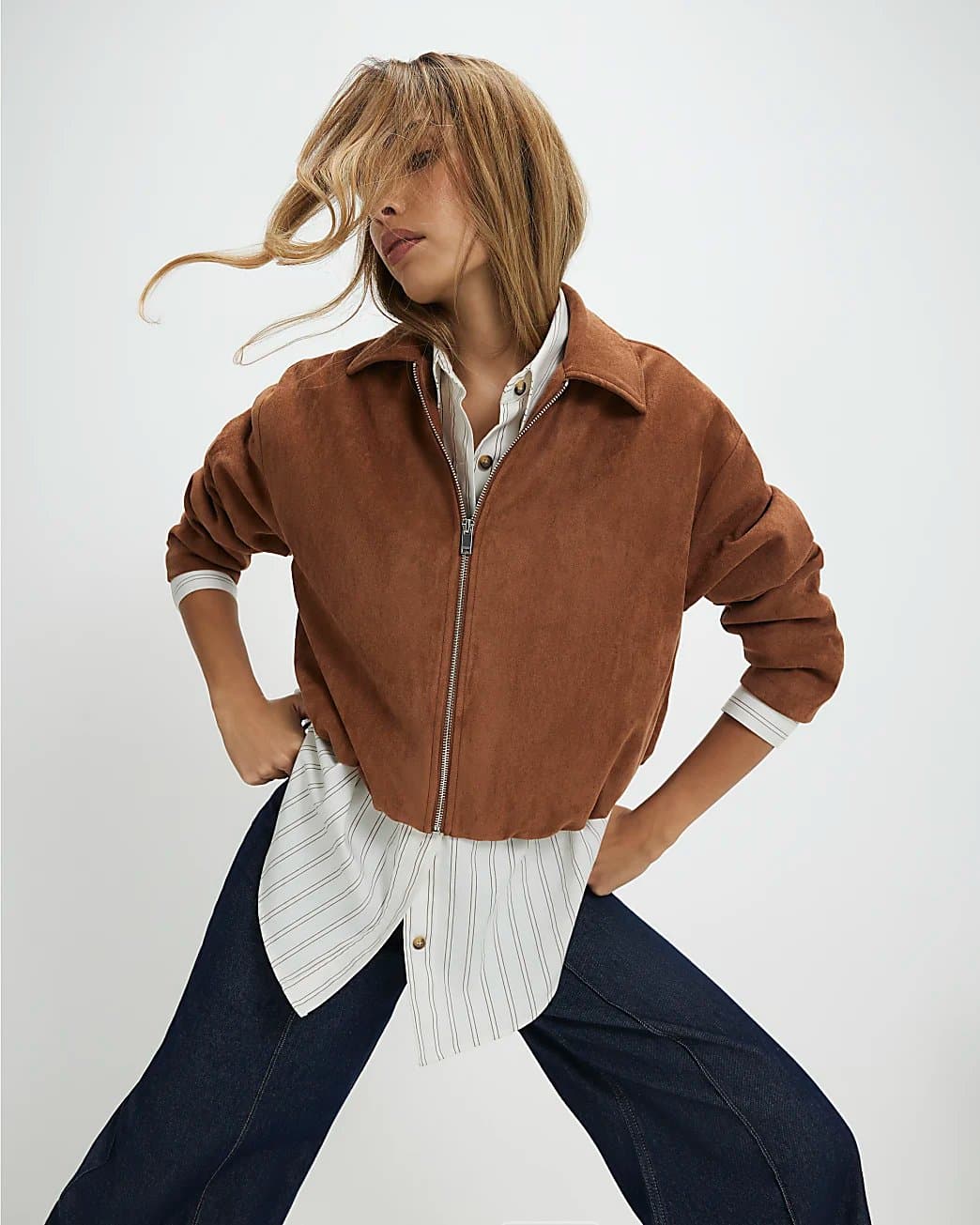 River Island River Island Womens Tan Faux Suede Bubble Hem Bomber Jacket