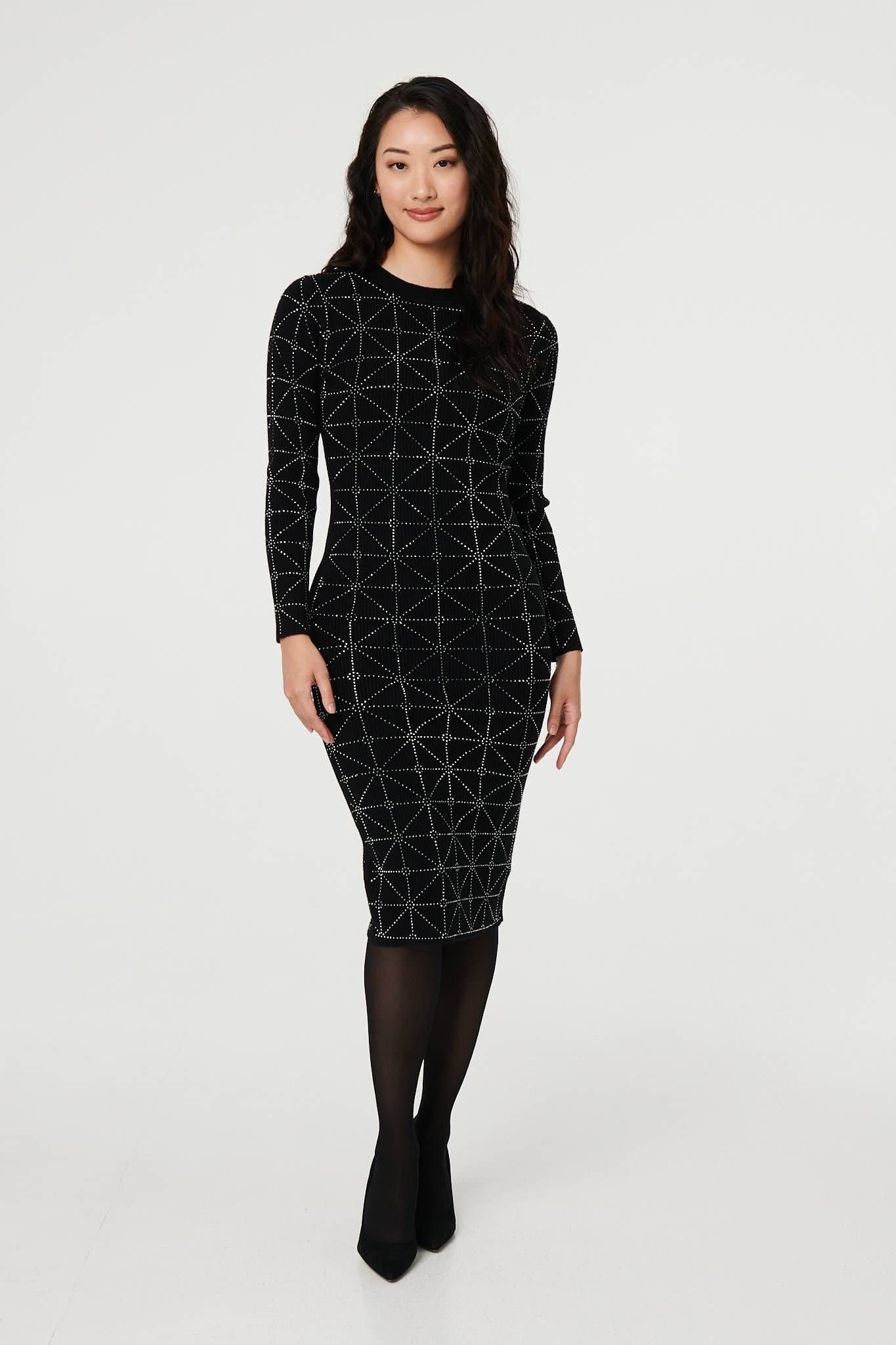 Izabel London Izabel London Women's Geo Diamante Detail Slim Knit Midi Dress in Black