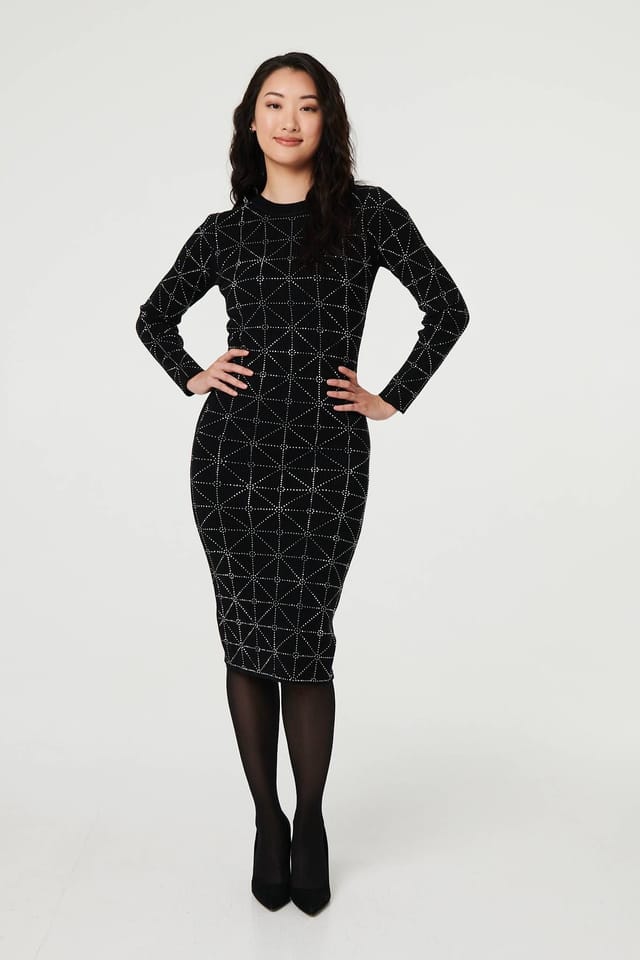 Izabel London Izabel London Women's Geo Diamante Detail Slim Knit Midi Dress in Black - 2