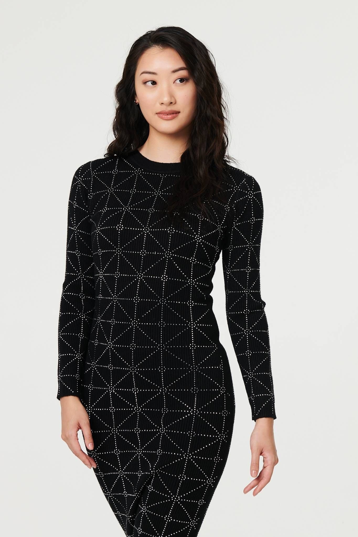 Izabel London Izabel London Women's Geo Diamante Detail Slim Knit Midi Dress in Black - 4