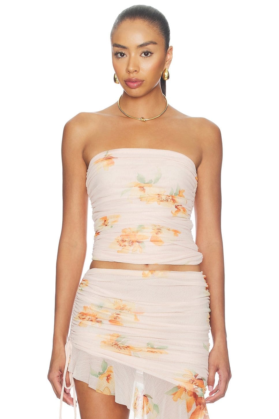 Revolve Floral Print Ruched Crop Top and Mini Skirt Set