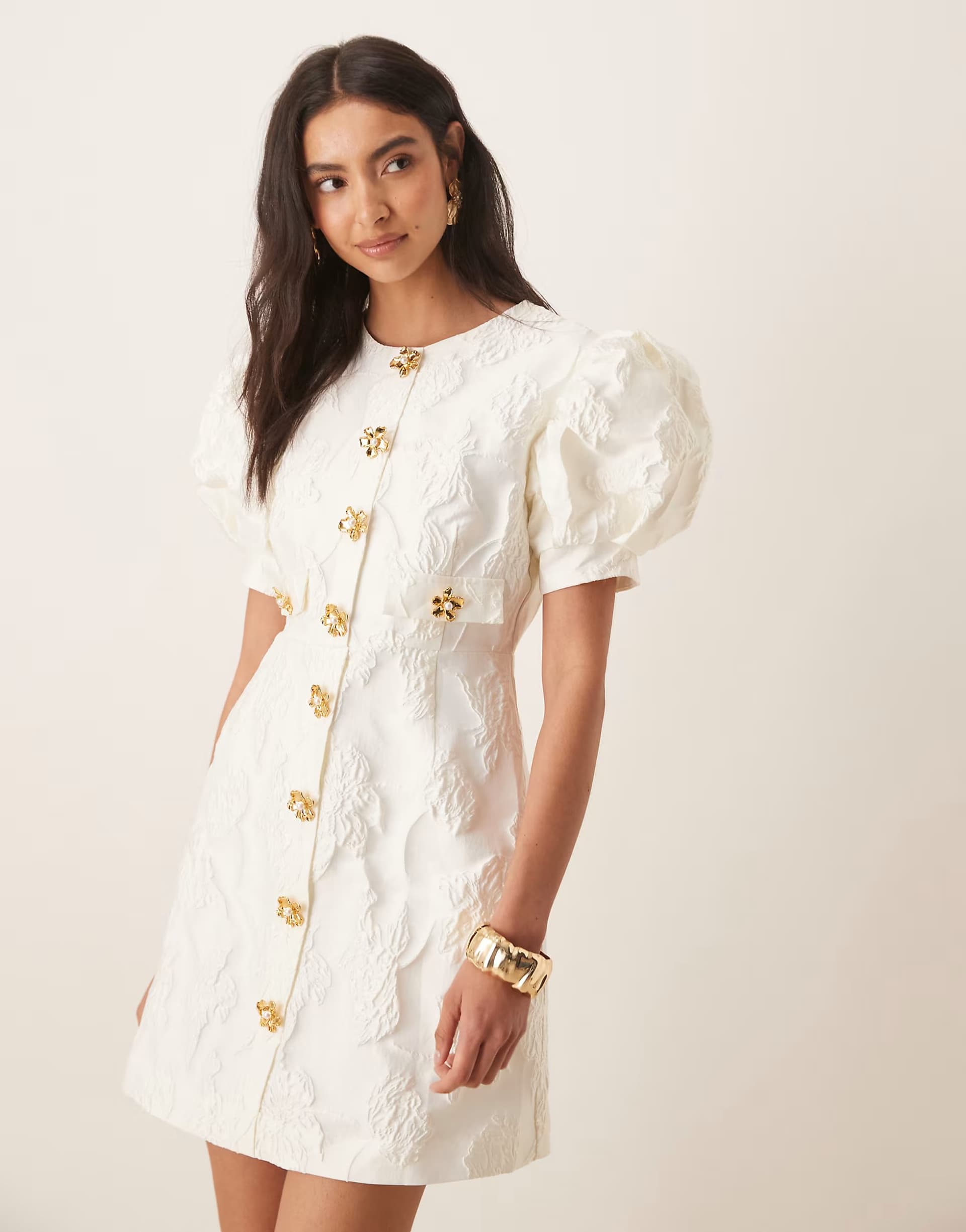 ASOS Sister Jane Anemone jacquard puff sleeve gold flower button up mini dress in ivory