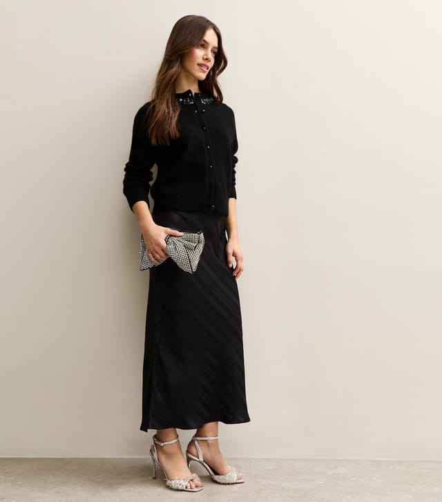 New Look Women's Petite Black Striped Satin Bias Cut Midi Skirt New Look - 3