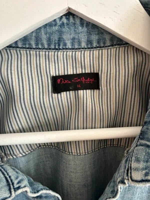 Miss Selfridge Y2K Miss Selfridge light wash denim western shirt – Size UK 14 – Pearl snap buttons, striped lining